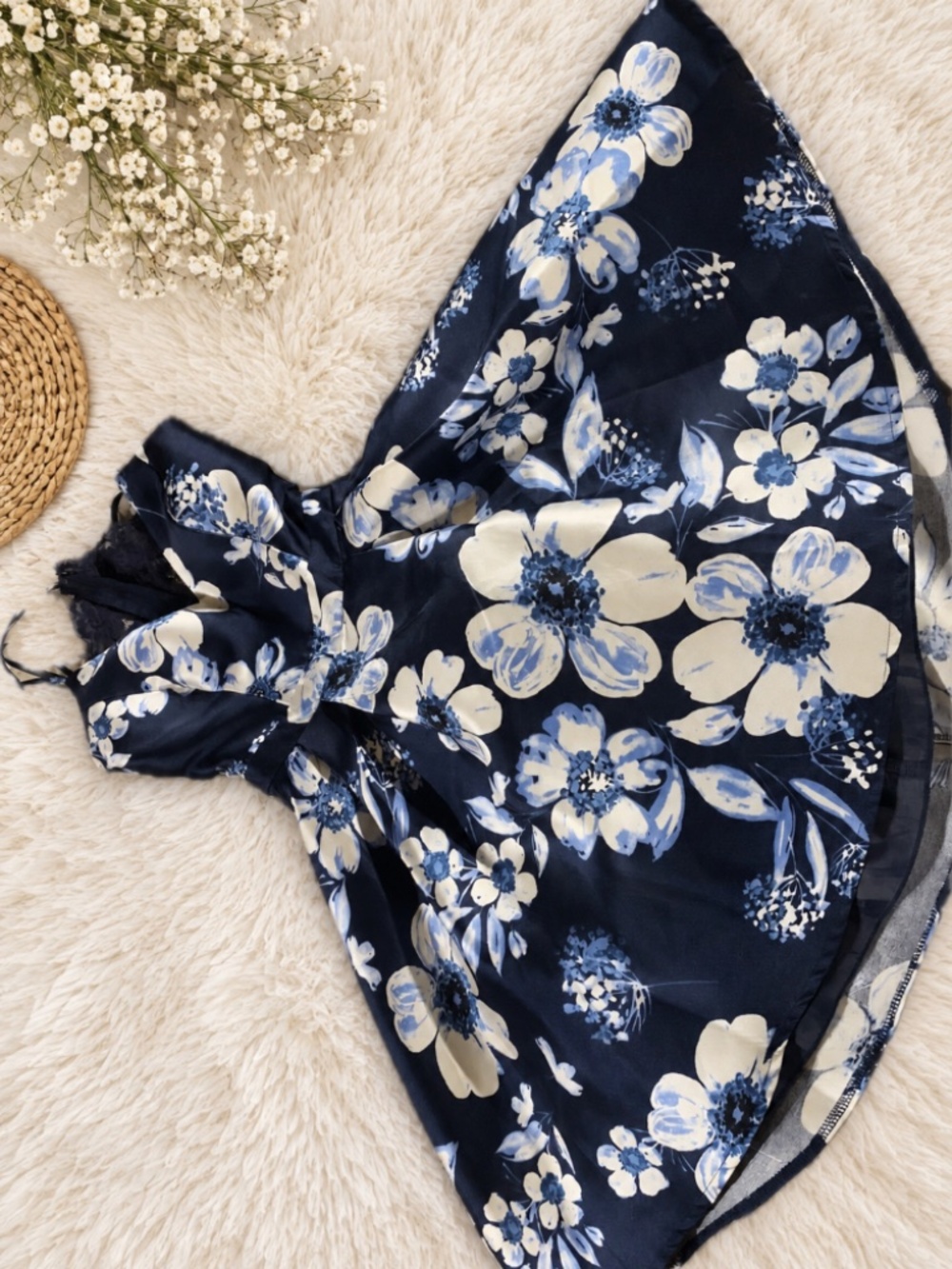 B Darlin Navy Floral Satin Lace Fit & Flare Dress Size